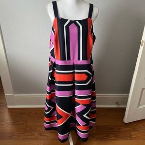 Eloquii Navy, Purple, Orange, & White Patterned Sleeveless Dress